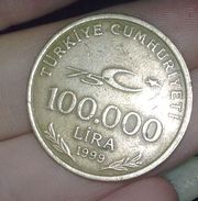 Монета 100. 000 лира 1999 г турецкая